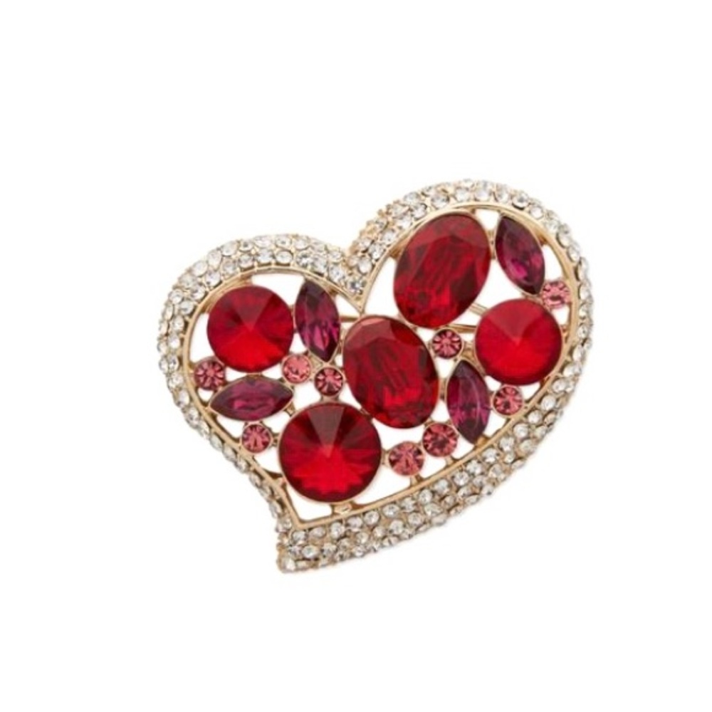 New ANNE KLEIN Gold-Tone Pavé & Color Stone Artistic Red Heart Pin Brooch